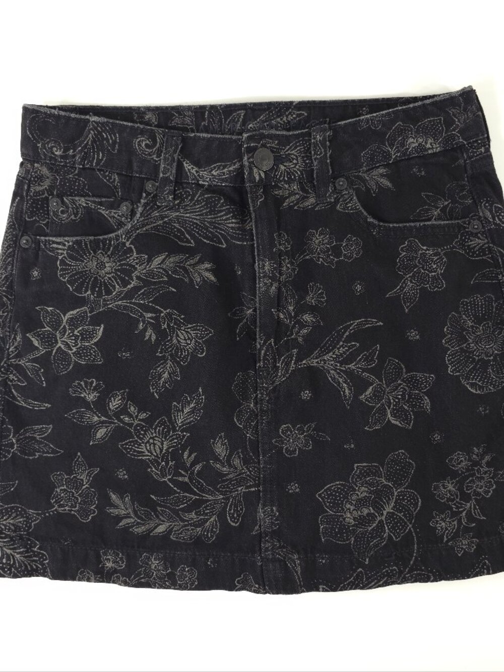 AMERICAN EAGLE SUPER HI RISE A LINE BLACK DENIM SKIRT WOMENS SIZE 4 REG FLORAL..